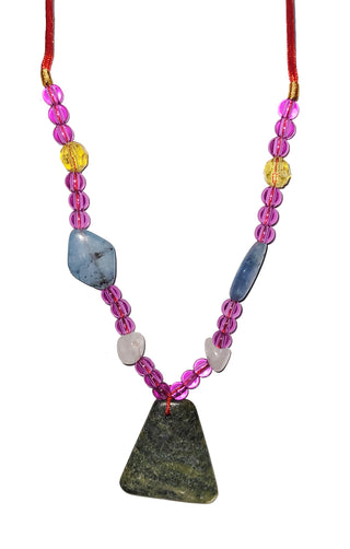Jewelry- Necklace Beaded w/ Stone pendant (red nylon loop w/ pink & blue beads)